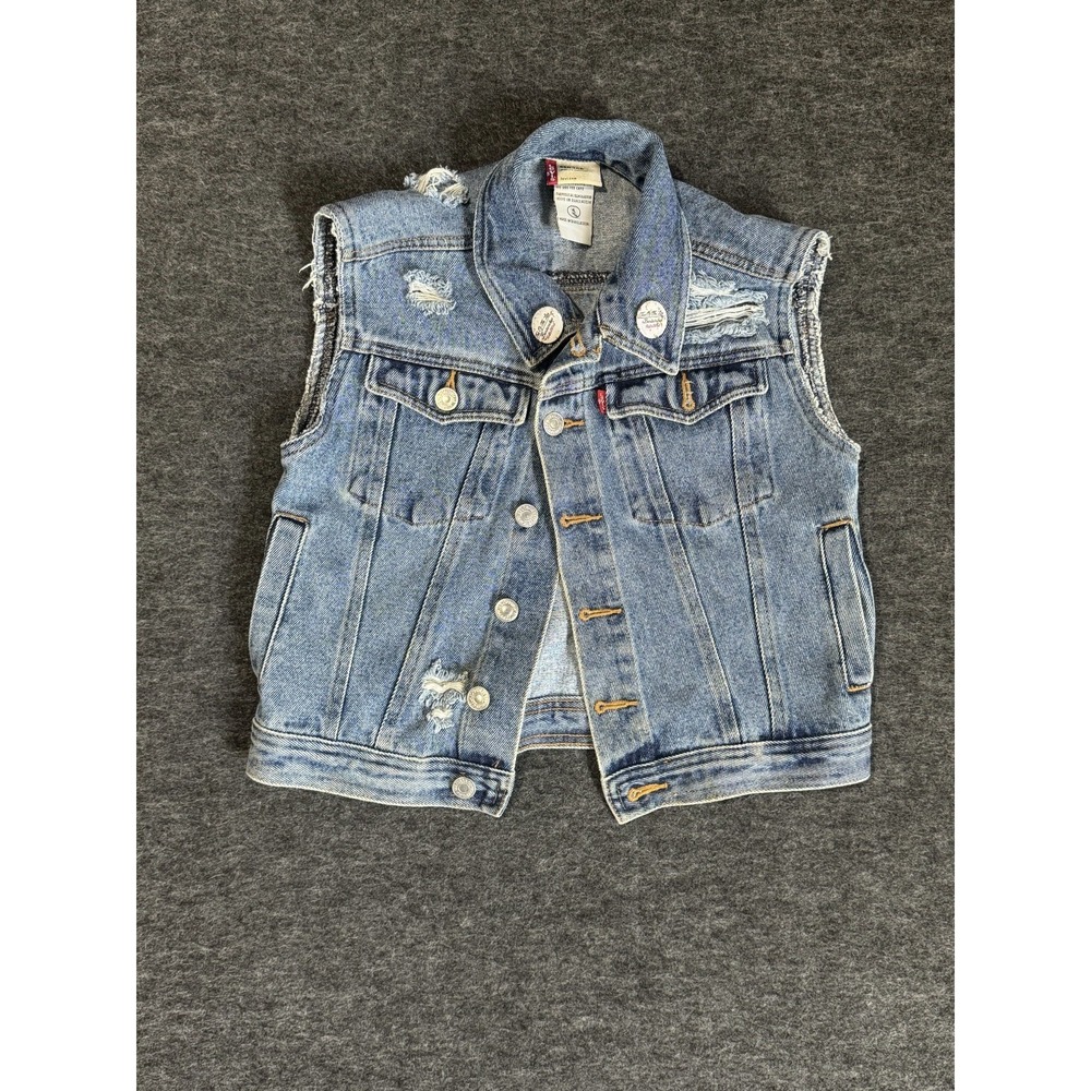 Levi's Cropped Trucker Vest Girls 5 Blue Denim Cotton Stretch Distressed Casual